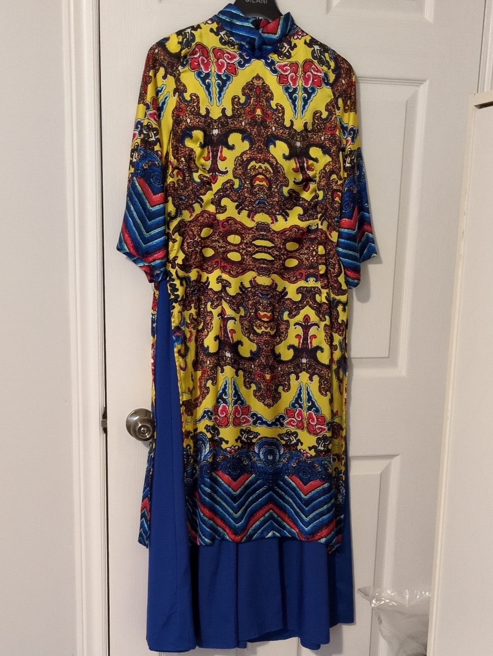 Yellow & Blue Patterned Maxi Dress with Bold Print